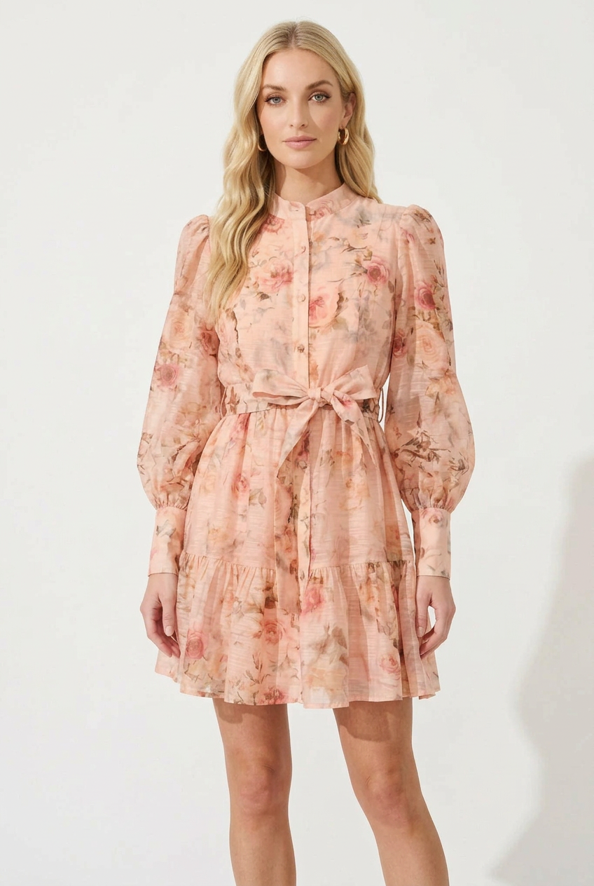Brea Romantic Floral Mock Neck Puff Sleeve Mini Dress