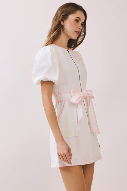 callie-Contrast Trim Detail Zipper Front Mini Dress - Dresses - essecoco