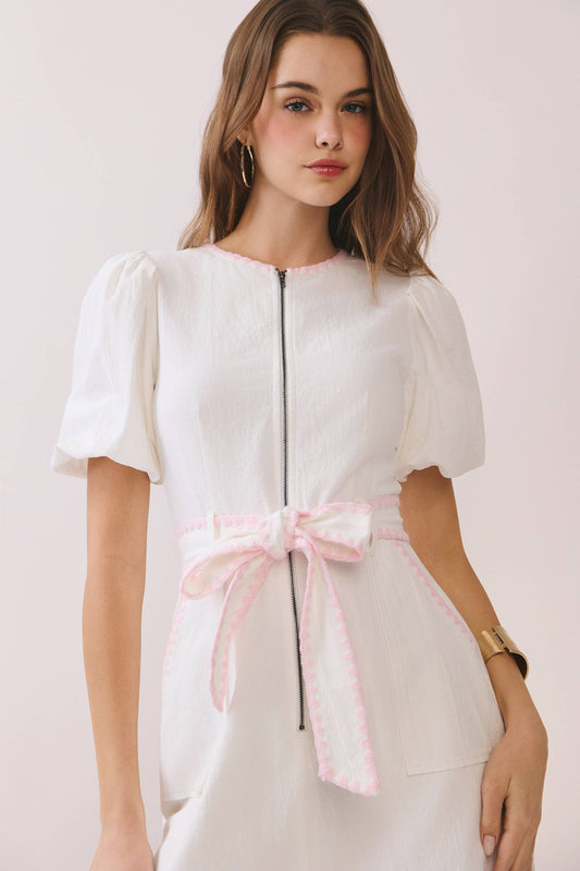 Callie-Contrast Trim Detail Zipper Front Mini Dress - Dresses - essecoco