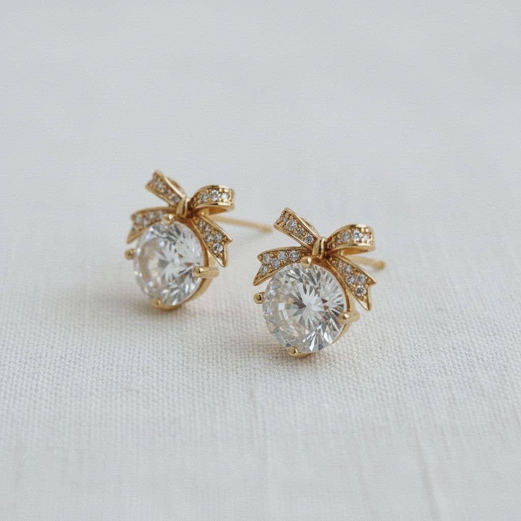 Cubic Zirconia Bow Stud Earrings - Earrings - essecoco