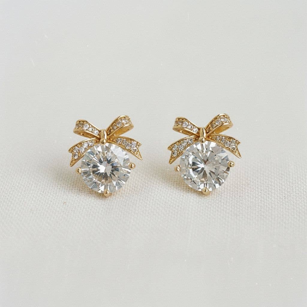Cubic Zirconia Bow Stud Earrings - Earrings - essecoco