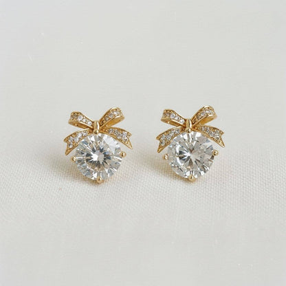 Cubic Zirconia Bow Stud Earrings - Earrings - essecoco