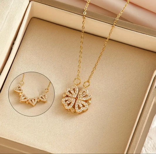 Gold Exquisite CZ Four-Leaf Pendant Necklace