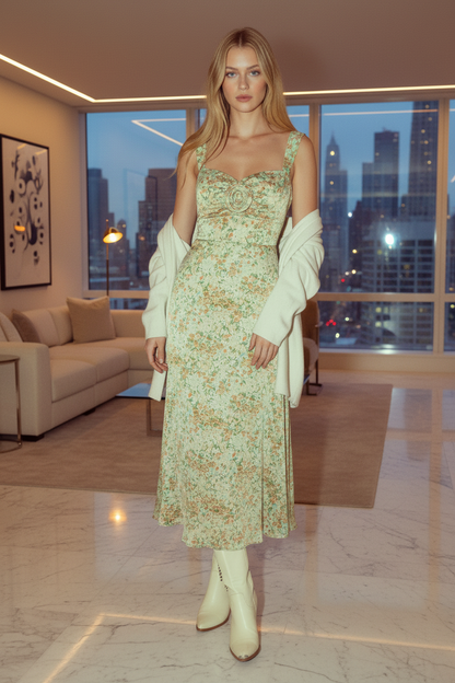 Promesa USA Ellie Sweetheart Floral Midi Dress featuring a fitted bodice, sweetheart neckline, and vibrant floral pattern.