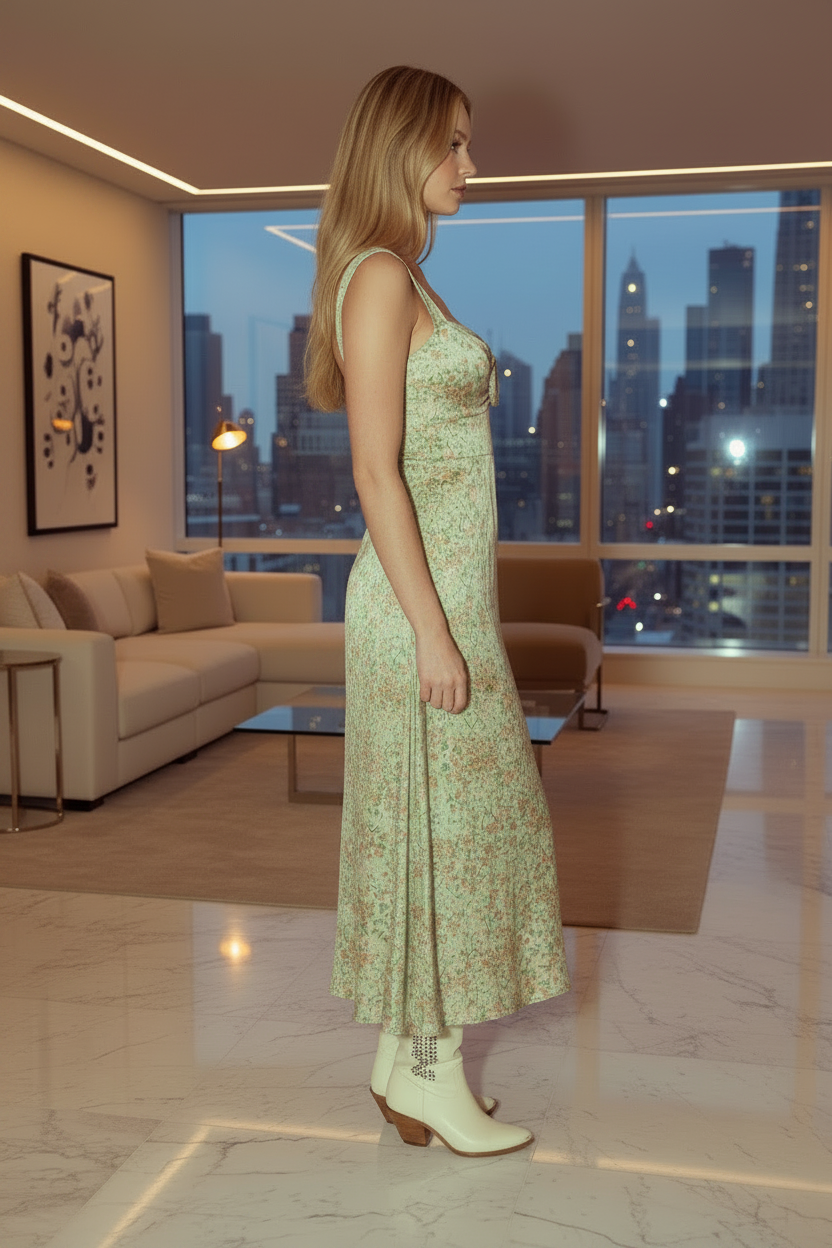 Promesa USA Ellie Sweetheart Floral Midi Dress with a fitted bodice and flowy skirt, featuring vibrant floral patterns.