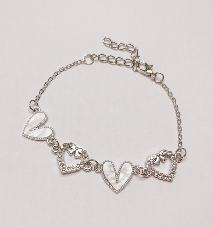 Enamel Stone Paved Heart Link Bracelets Silver in white
