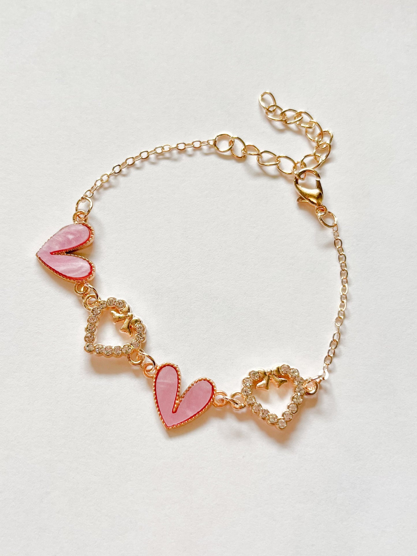 Enamel Stone Paved Heart Link Bracelets rose pink