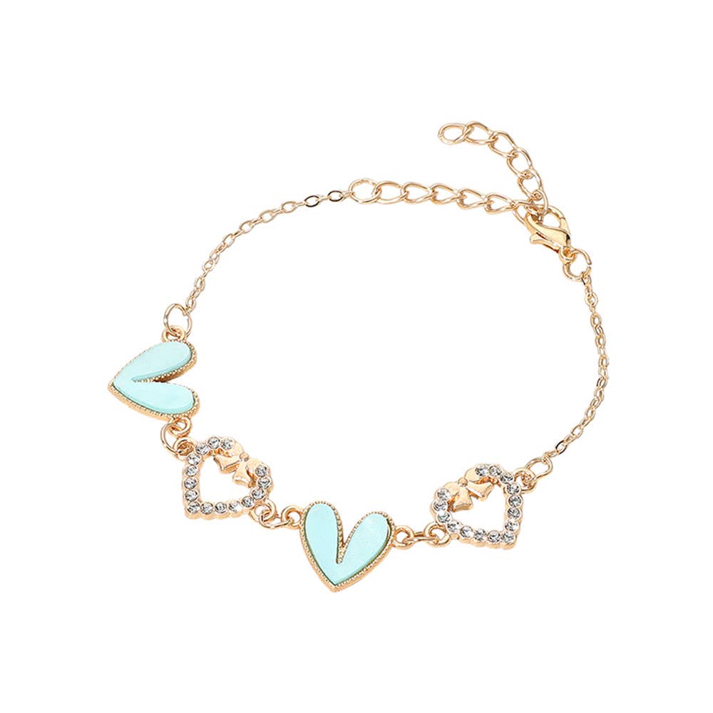 Enamel Stone Paved Heart Link Bracelets seafoam