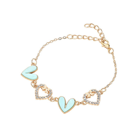 Enamel Stone Paved Heart Link Bracelets seafoam