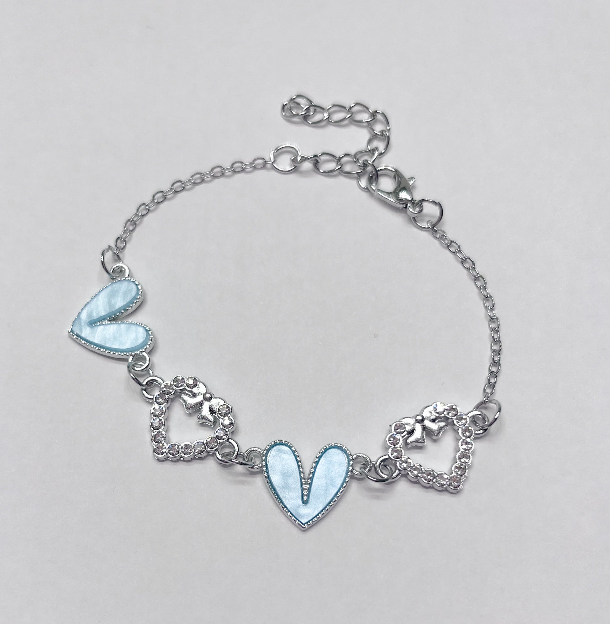 Enamel Stone Paved Heart Link Silver Bracelets sea foam