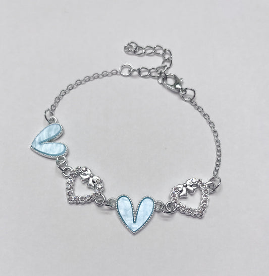 Enamel Stone Paved Heart Link Silver Bracelets sea foam