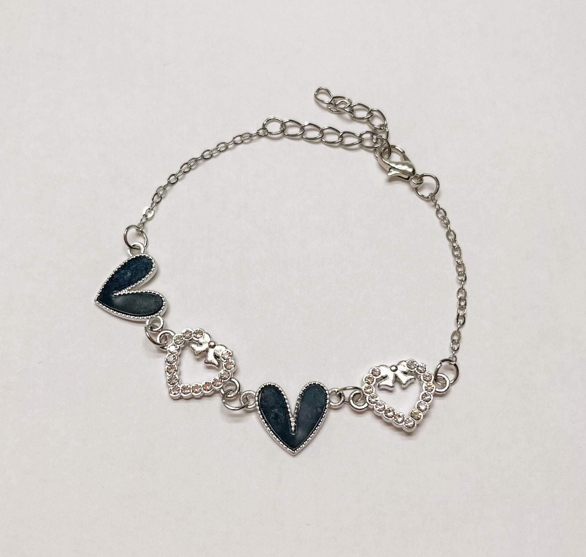 Enamel Stone Paved Heart Link Silver Bracelets black