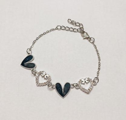 Enamel Stone Paved Heart Link Silver Bracelets black