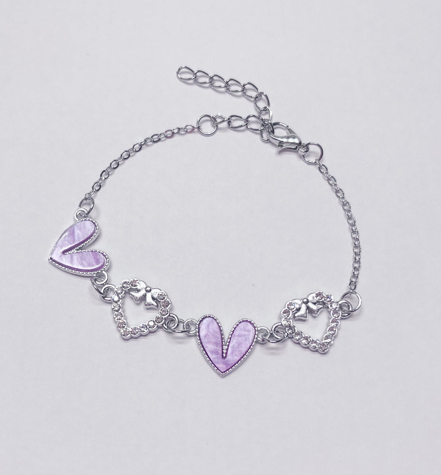 Enamel Stone Paved Heart Link Silver Bracelets lavender
