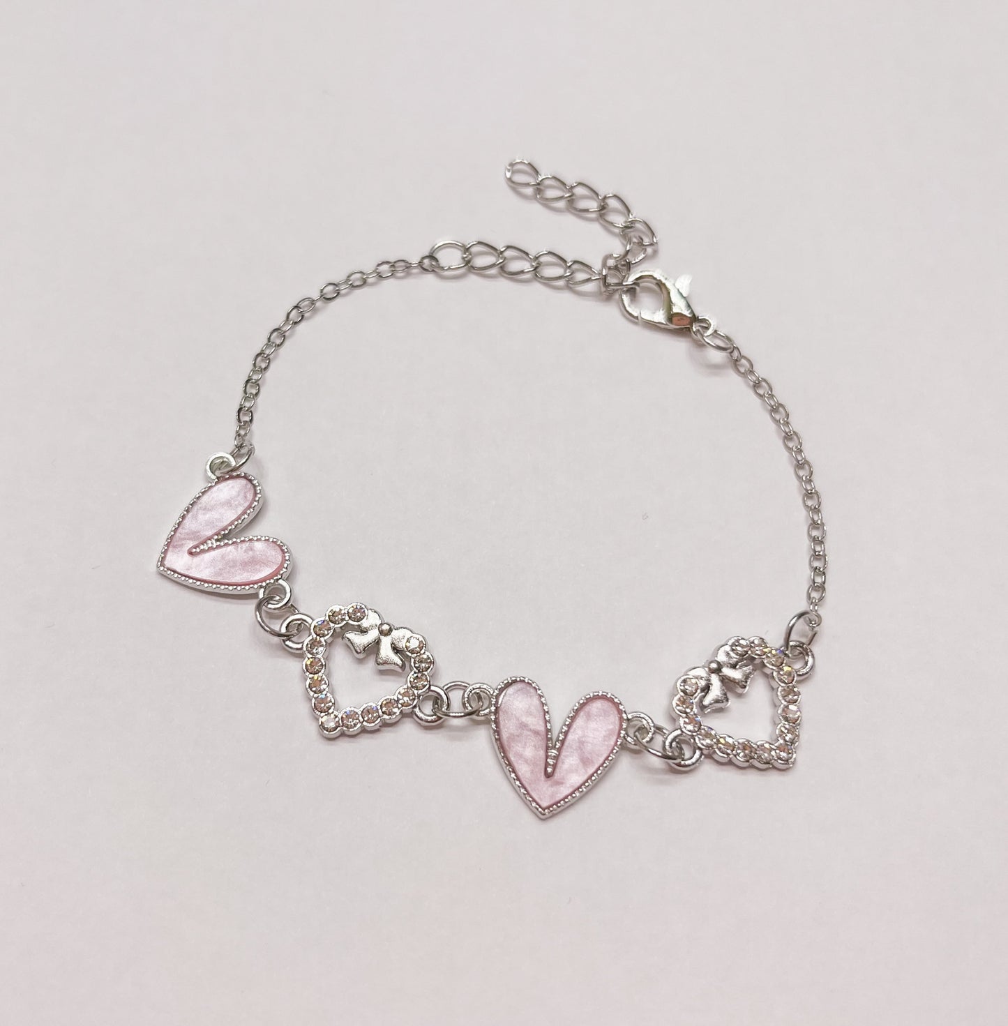 Enamel Stone Paved Heart Link Silver Bracelets pink