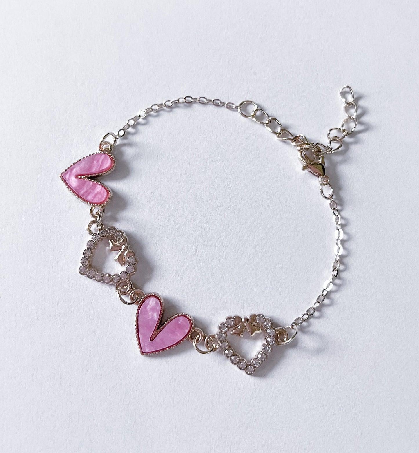 Enamel Stone Paved Heart Link Silver Bracelets rose pink