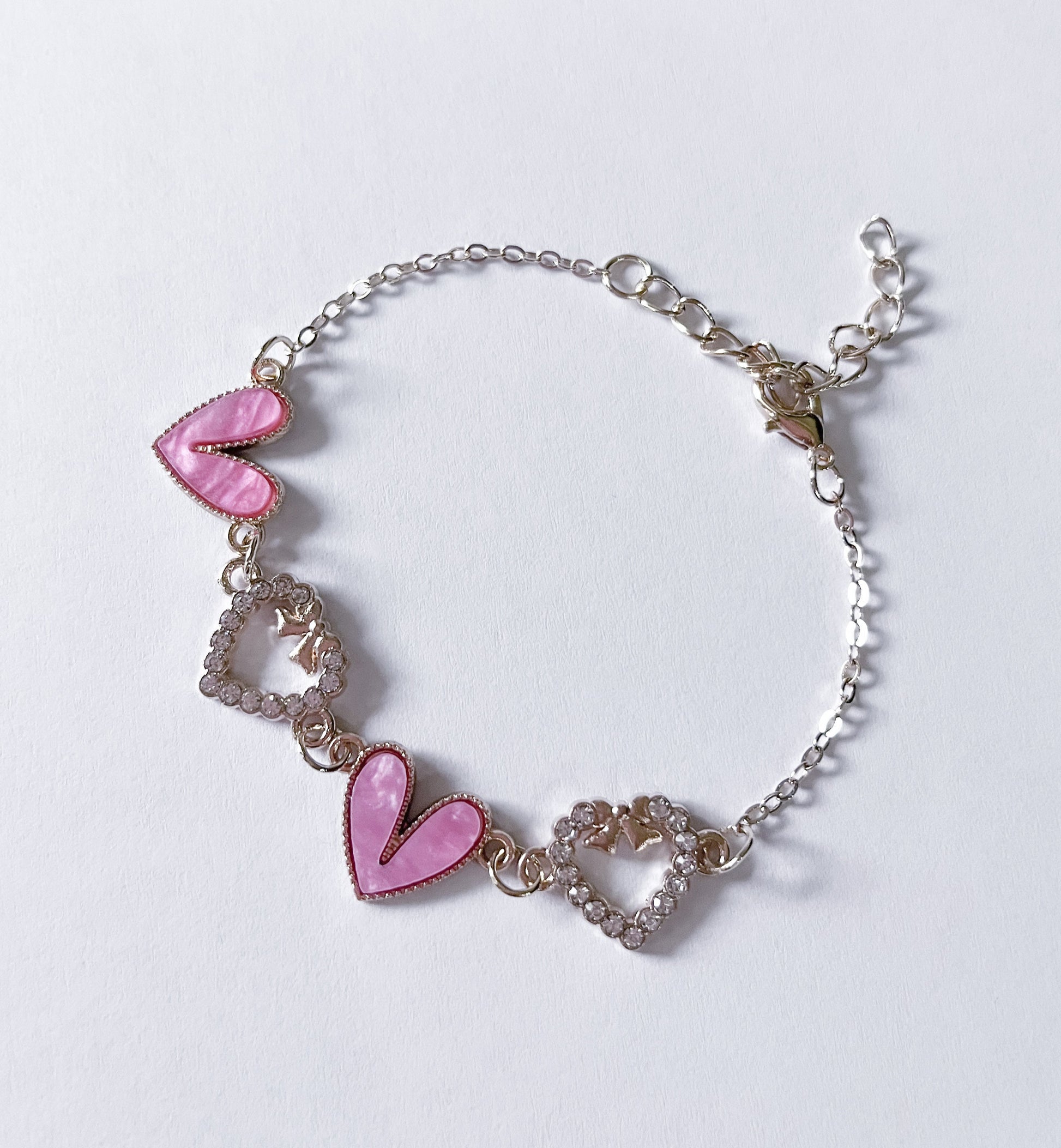 Enamel Stone Paved Heart Link Silver Bracelets rose pink