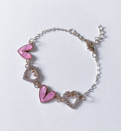 Enamel Stone Paved Heart Link Silver Bracelets rose pink