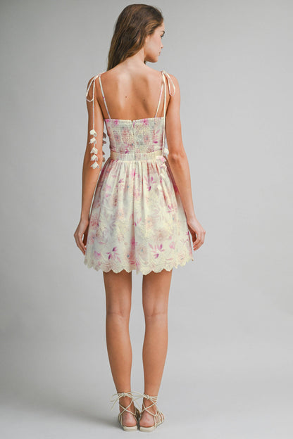 Eva Floral Embroidered Tie Strap Mini Dress