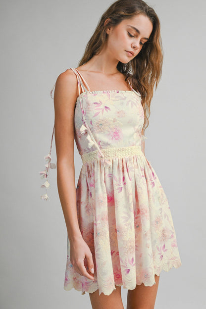 Eva Floral Embroidered Tie Strap Mini Dress