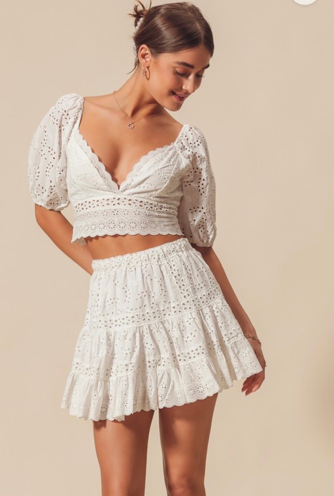 Avery White Eyelet Top & Skirt Set