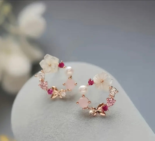 Elegant Cherry Blossom & Zircon Butterfly Stud Earrings