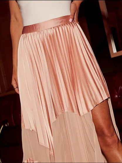 Elegant pink asymmetrical pleated skirt with irregular layered design from essecoco, shown in full view.