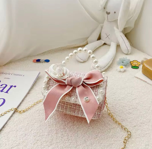 Pearl Cute Pink Bow Tweed Mini Bag