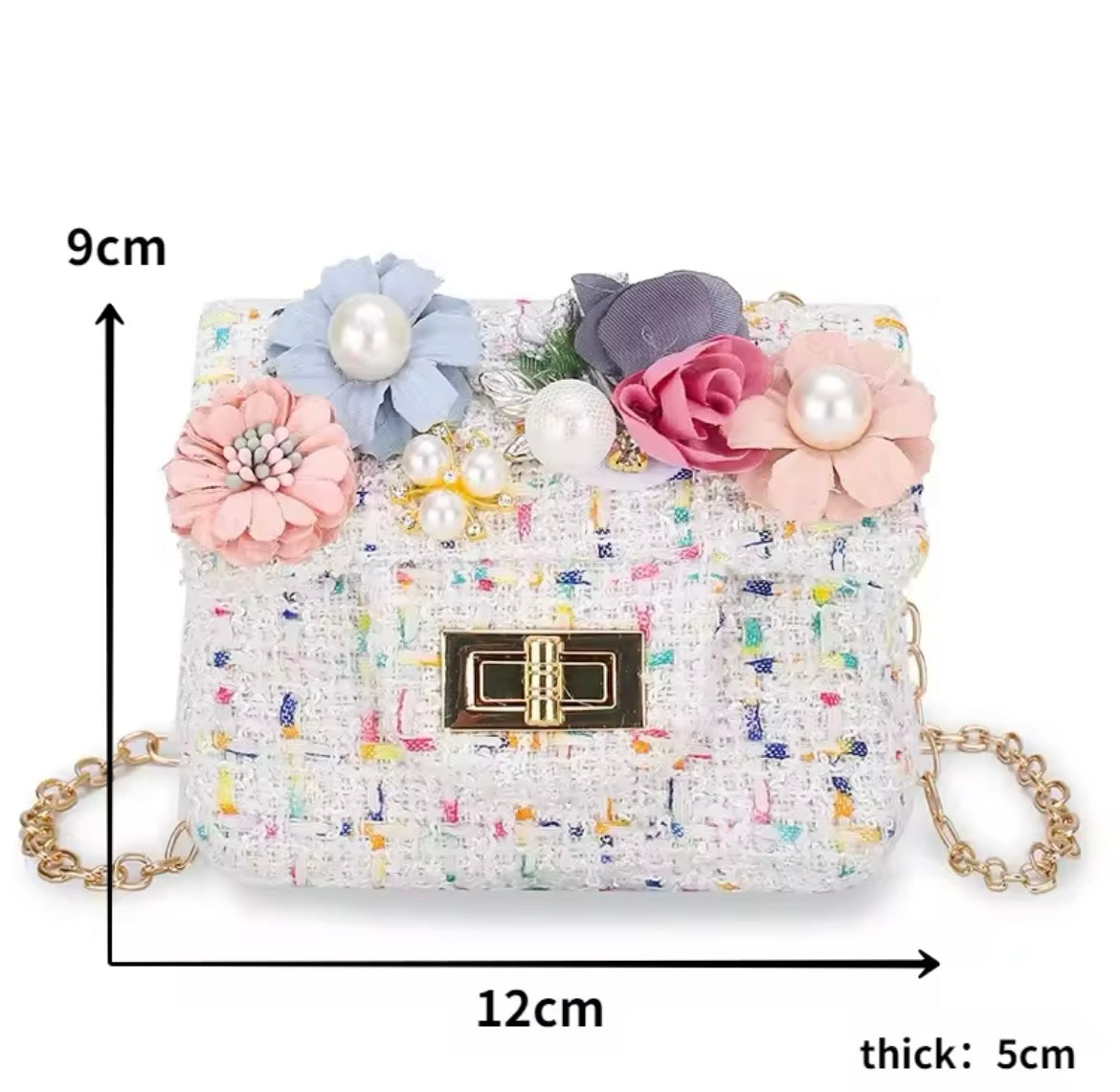 Fanciful Pearl & Flowers Tweed Kids Bag Pink - Mini Crossbody Bag - essecoco