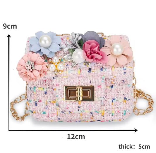 Cute Fanciful Pearl & Flowers Tweed Kids Bag Pink -  - essecoco