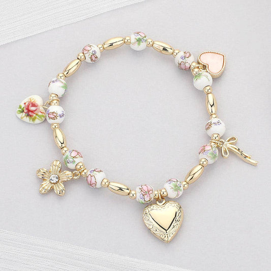 Heart Locket Flower Bow Charm Station Stretch Bracelet