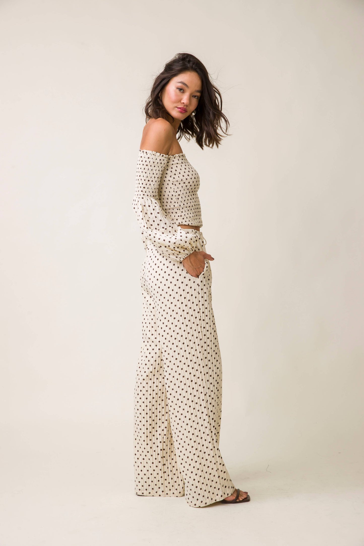 Kimmi Off Shoulder Polka Dot Top