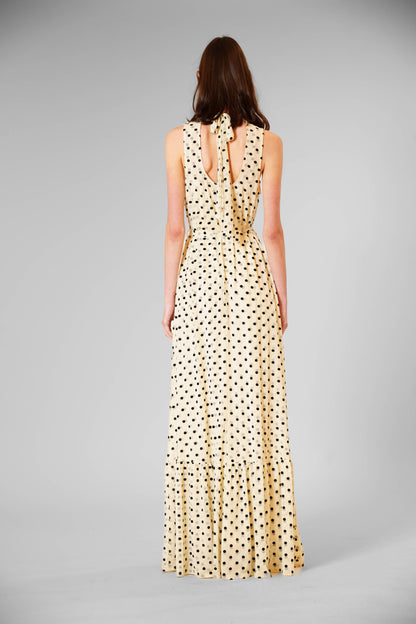 Olivia Tie Neck Polka Dot Mesh/ Overlay Dress W/ Sash