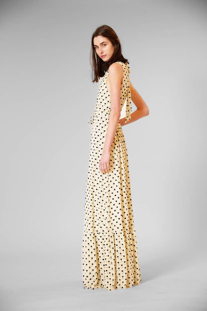 Olivia Tie Neck Polka Dot Mesh/ Overlay Dress W/ Sash