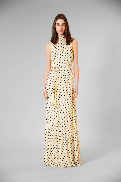 Olivia Tie Neck Polka Dot Mesh/ Overlay Dress W/ Sash