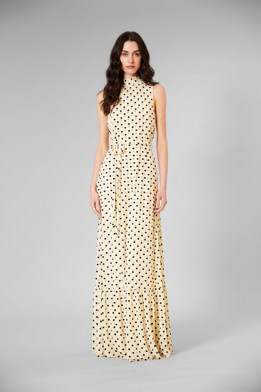 Olivia Tie Neck Polka Dot Mesh/ Overlay Dress W/ Sash