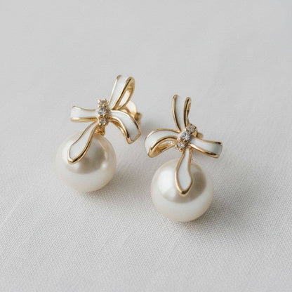 Pearl Bowknot Stud Earrings with French Elegance -  - essecoco
