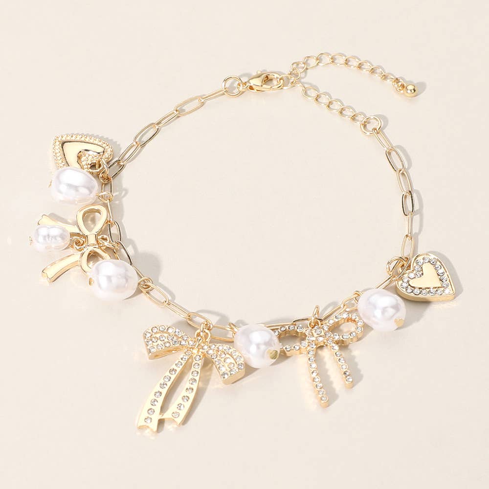 Stone Paved Bow Heart Pearl Charm Station Chain Bracelet
