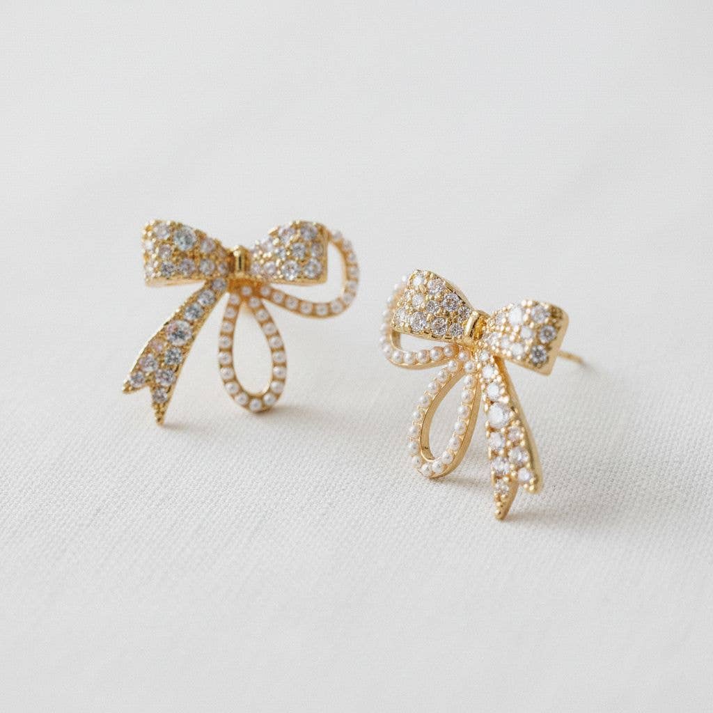 Vintage Inspired Pearl and Cubic Zirconia Bowknot Earrings -  - essecoco