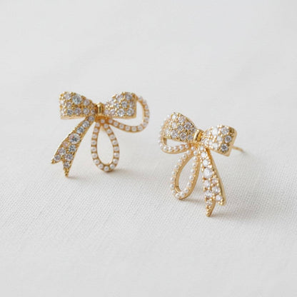 Vintage Inspired Pearl and Cubic Zirconia Bowknot Earrings -  - essecoco