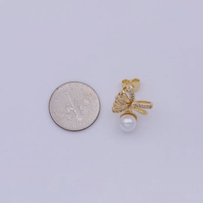 Dainty Pearl Bow Earring Stud with Cubic Zirconia Q121 - Earrings - essecoco