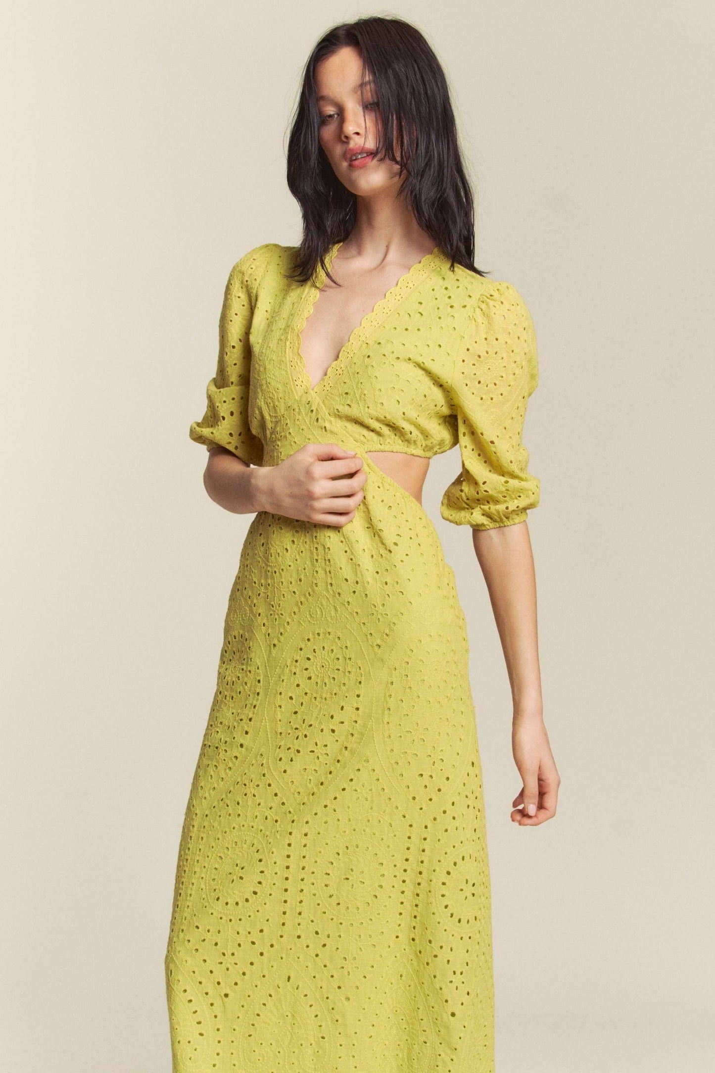 Aria Kiwi Eyelet Embroidered Cut Out Maxi Dress