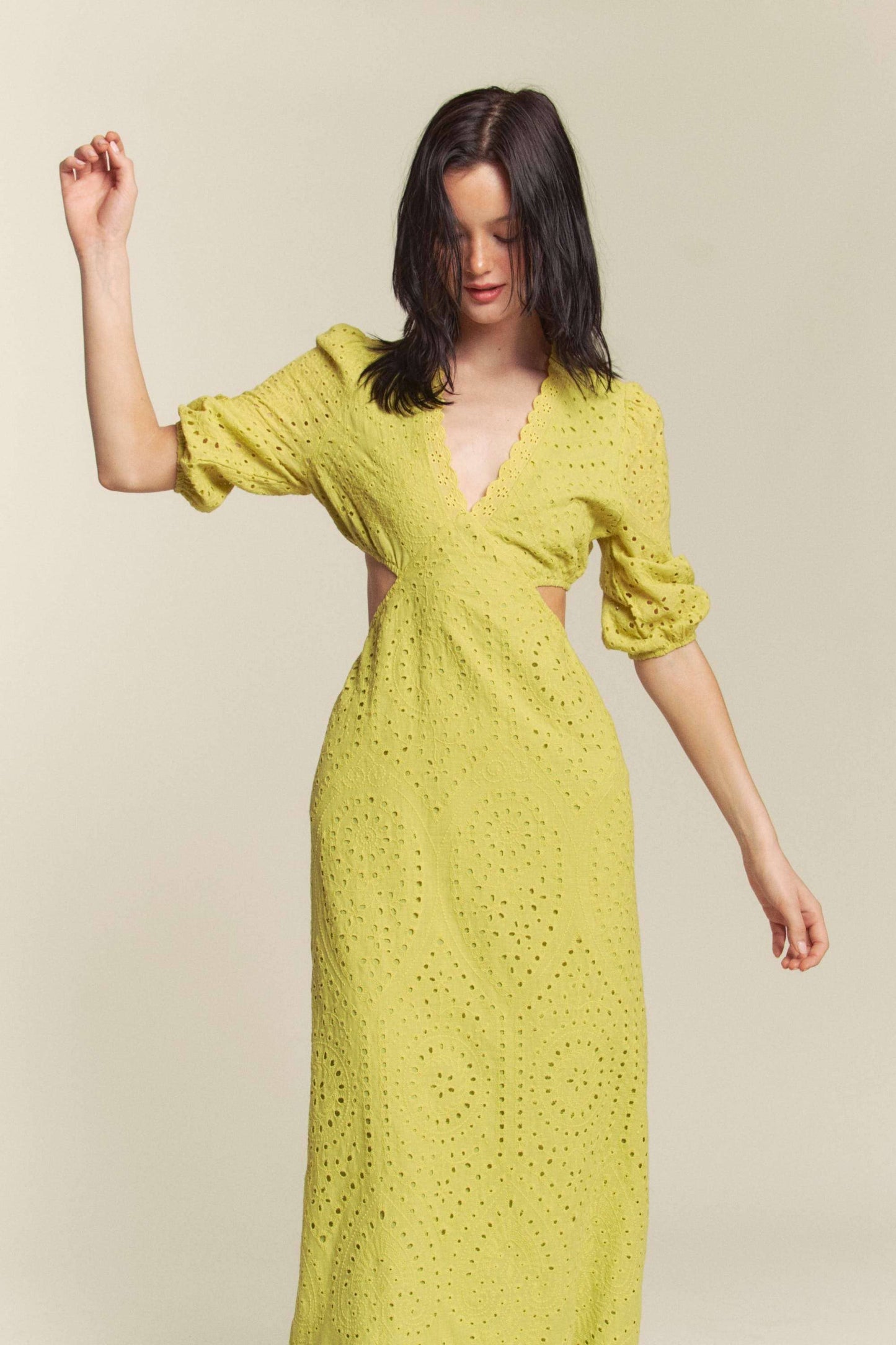 Aria Kiwi Eyelet Embroidered Cut Out Maxi Dress