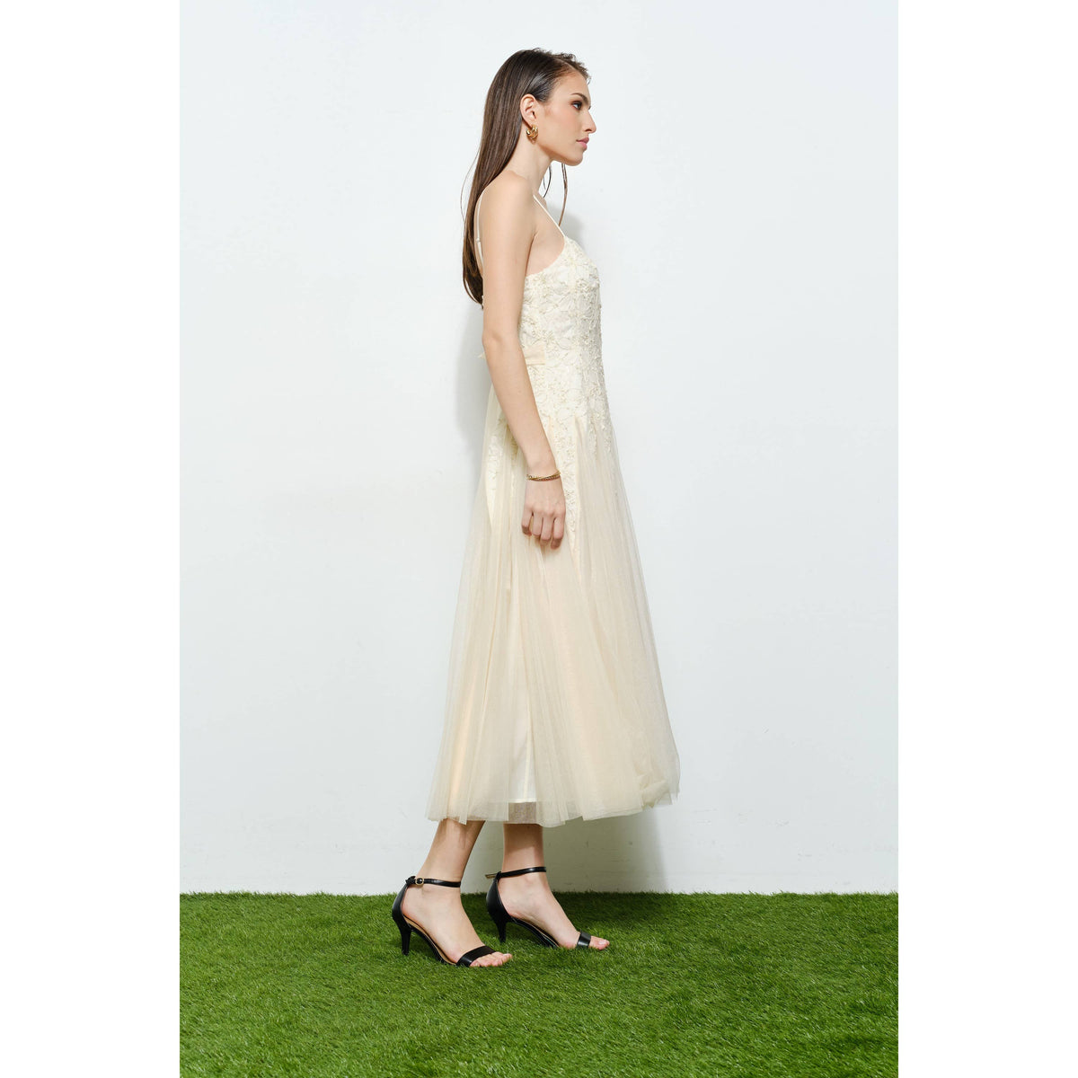 INA romantic lace chiffon sleeveless midi dress displayed on a hanger with delicate lace and flowing chiffon fabric