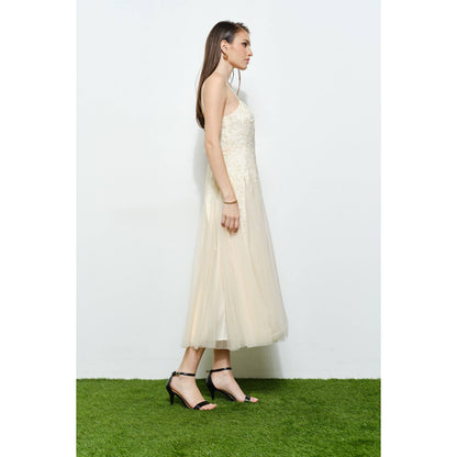 INA romantic lace chiffon sleeveless midi dress displayed on a hanger with delicate lace and flowing chiffon fabric