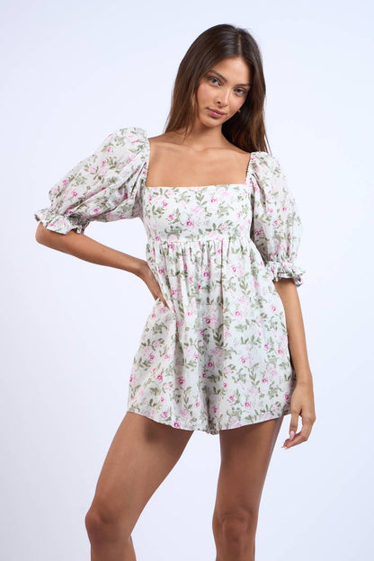 Ashley Floral Print Puff Sleeve Mini Romper