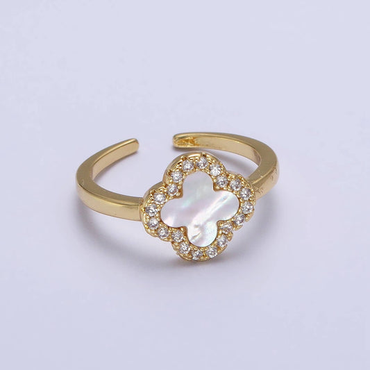 Dainty Pearl Clover Floral Micro Pave Gold Quatrefoil Ring -  - essecoco