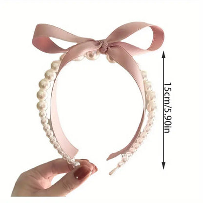 Vintage Pearl Headband, Pink Bow Ribbon - Pearl Headband - essecoco