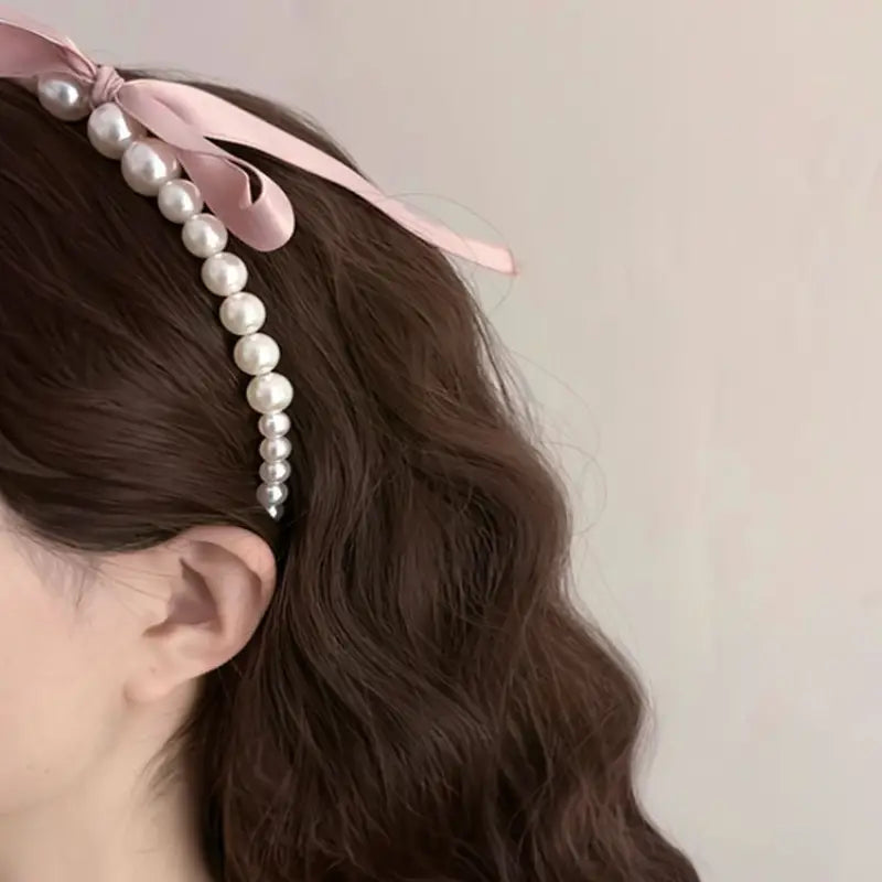 Vintage Pearl Headband, Pink Bow Ribbon - Pearl Headband - essecoco