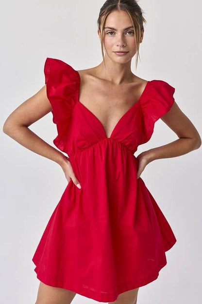 Audrey Red Tie-Back Ruffle Sleeve Mini Dress